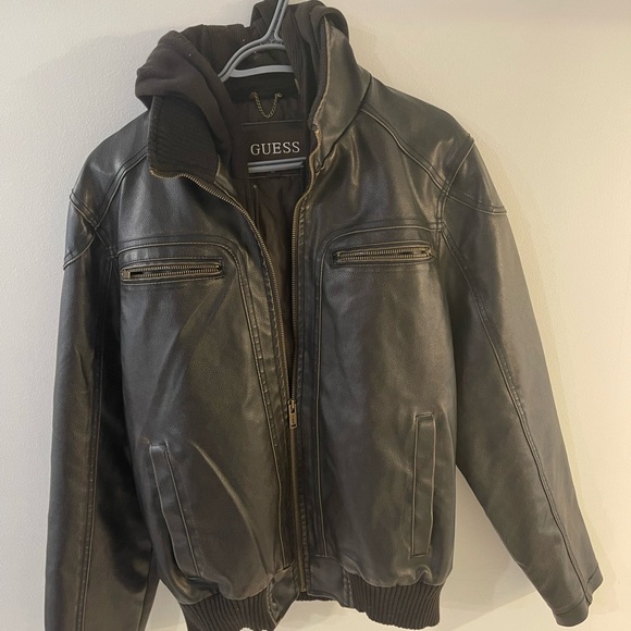 Men’s Guess leather jacket with built in hoodie - Picture 1 of 3